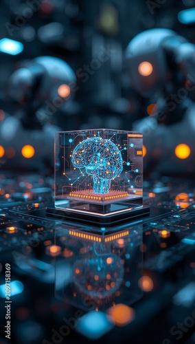 Glowing holographic AI brain inside a transparent quantum computing module, symbolizing artificial intelligence, quantum technology, and advanced data processing.