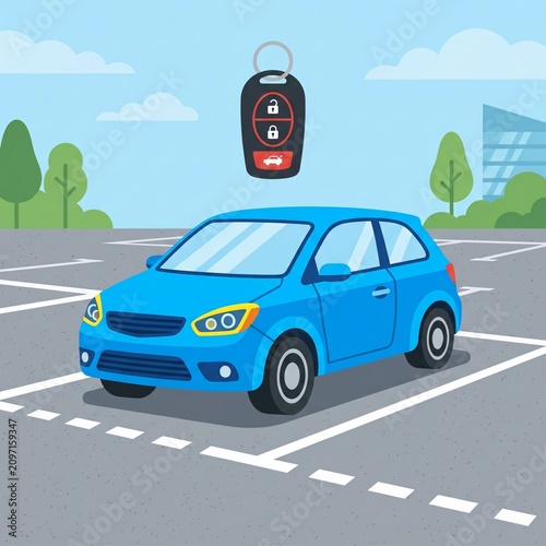 A blue car vector illustration with a remote key in a parking lot