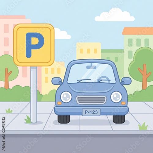 A blue car parked next to a parking sign in a city