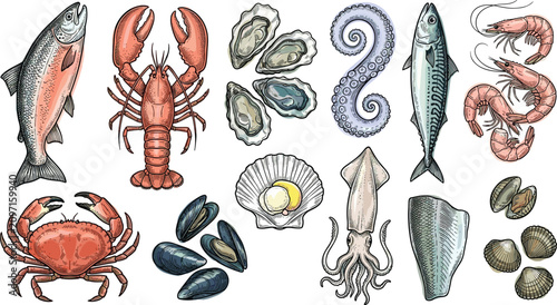 Foto Hand Drawn Watercolor Seafood Icon Set Featuring Fish Lobster Crab Shrimp Octopu