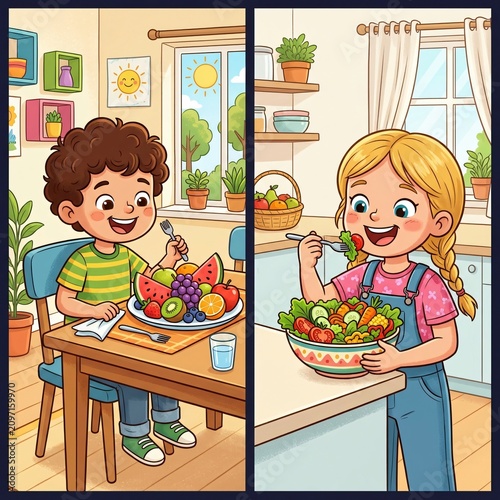 A happy boy and girl eating healthy food in a kitchen