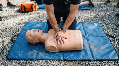 First Aid Training with CPR Chest Compressions on Medical Mannikin - Life Saving Skills and Emergency Preparedness Concept