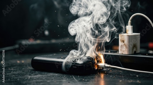 Electrical Wall Outlet on Fire with Power Plug and Charred Plastic - Home Hazard and Fire Safety Concept