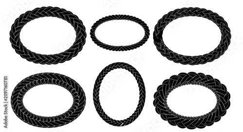 Set of black braided rope oval frames isolated on white background