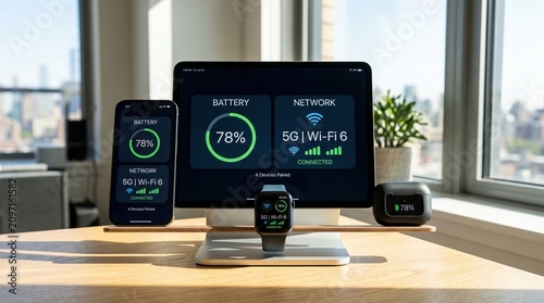 A smartphone, smartwatch, and tablet are aligned on a wooden desk in a bright, contemporary workspace.
