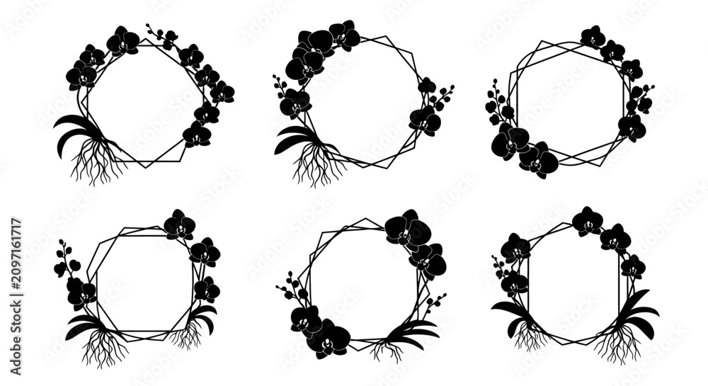 Fototapeta premium Set of black orchid floral frames with geometric borders for wedding design