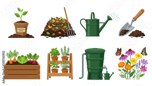 Flat illustration of gardening tools and activities with plants Vector