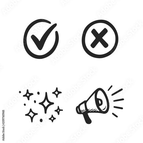 Essential Hand Drawn UI Icons Set with Check Mark, Cross, Sparkles and Megaphone