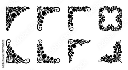 Vintage floral corner borders and frame silhouette set with berries and leaves