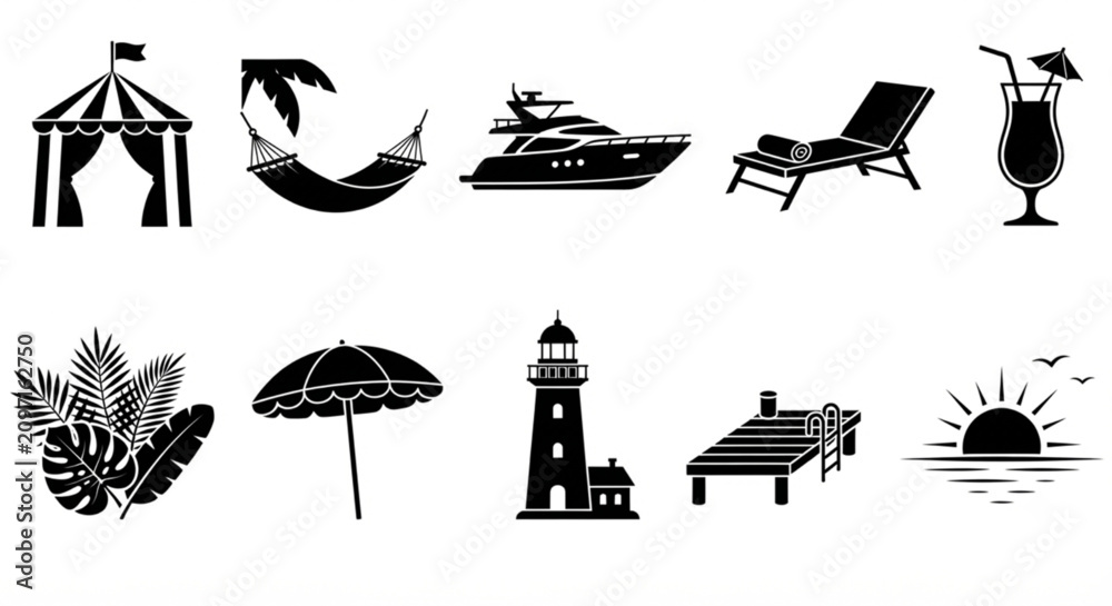 Obraz premium Black beach icons, summer vacation symbols, travel vector graphics, 10 tropical elements