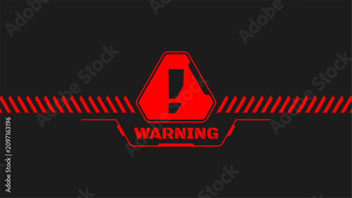 Foto Futuristic sci-fi warning sign with exclamation mark icon and hazard stripes on dark background