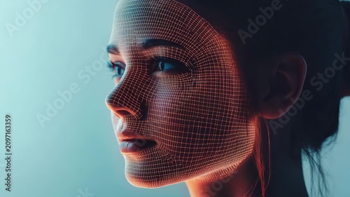 A woman with a digital mesh overlay on her face, highlighting advancements in facial recognition technology