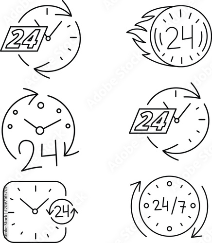 Fotografie Hand-drawn 24/7 and 24-hour service clock icon set