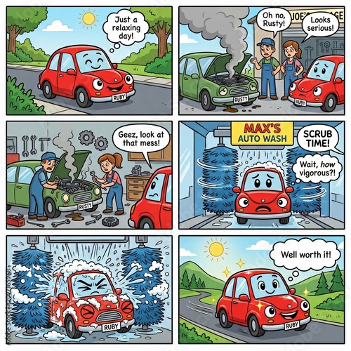 A red cartoon car getting washed at an auto wash