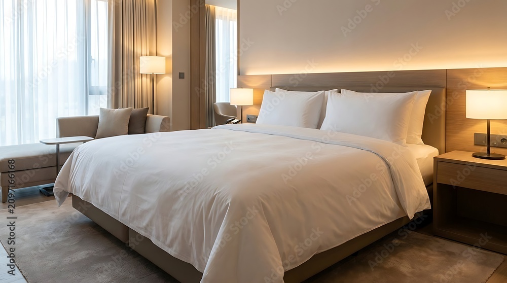 Obraz premium Modern hotel bedroom interior with comfortable king size bed and clean white linens