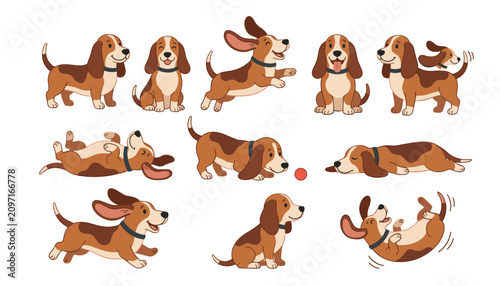 Cuadro en lienzo Cute basset hound puppy character set cartoon dog vector illustration in differe