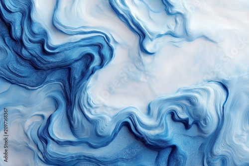 Abstract, swirling blue and white liquid artwork, creating a marbled, fluid textured effect