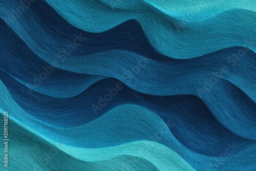 Abstract composition of flowing, textured waves in various shades of blue and teal