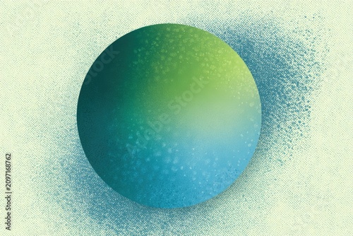 A stylized, shaded sphere gradient in shades of blue and green on a textured, light background