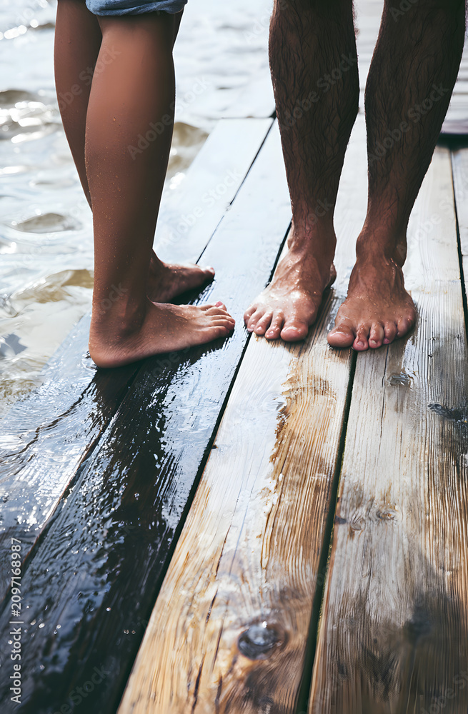 Fototapeta premium Two individuals, one with their foot higher and the other lower, touch the damp boards near the shoreline as they relax on the wooden walkway. Summer day enjoyment by the dock.