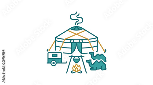 Принти на полотні yurt with campfire and caravan.
