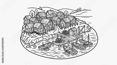 Foto Clean Black and White of Stilt Houses and Boats on a Water Body with Dock with h