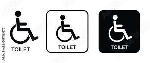 Wheelchair accessible toilet icons featuring black and white restroom accessibility signs with clean minimalist vector graphics for public facilities, universal access, disability, and wayfinding syst