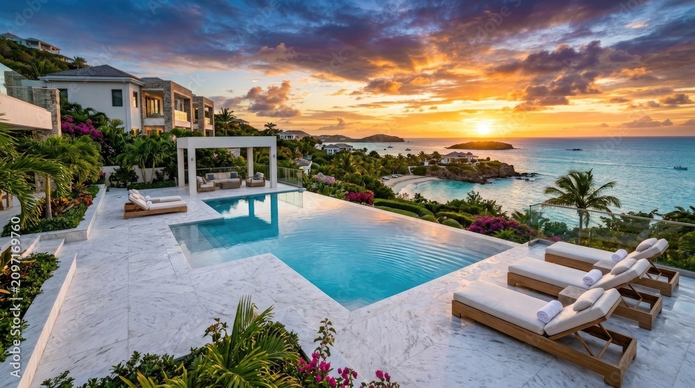 Fototapeta premium Luxury tropical villa infinity pool overlooking a stunning Caribbean sunset with palm trees and ocean views in a serene high-end secluded resort getaway