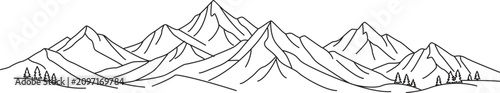 Fotografía Mountain range silhouette linear drawing on a white background