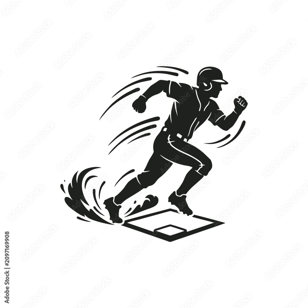 Fototapeta premium A baseball player performing a feet-first slide into base, dynamic action silhouette, solid black vector, minimalist sports icon