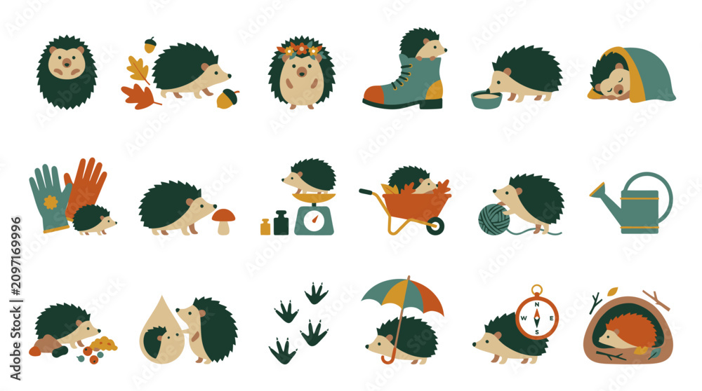 Obraz premium Cute Cartoon Hedgehogs Flat Design Icons Set. Autumn Nature and Gardening Wildlife Animal Collection.