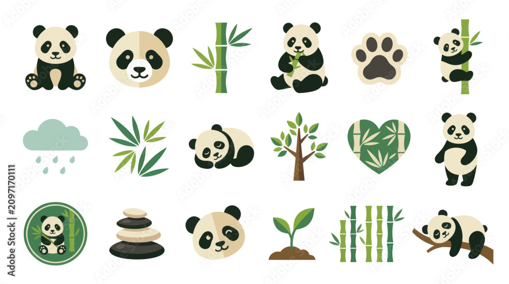 Fototapeta premium Cute Panda Icons Set with Bamboo, Paw Print, and Nature Elements