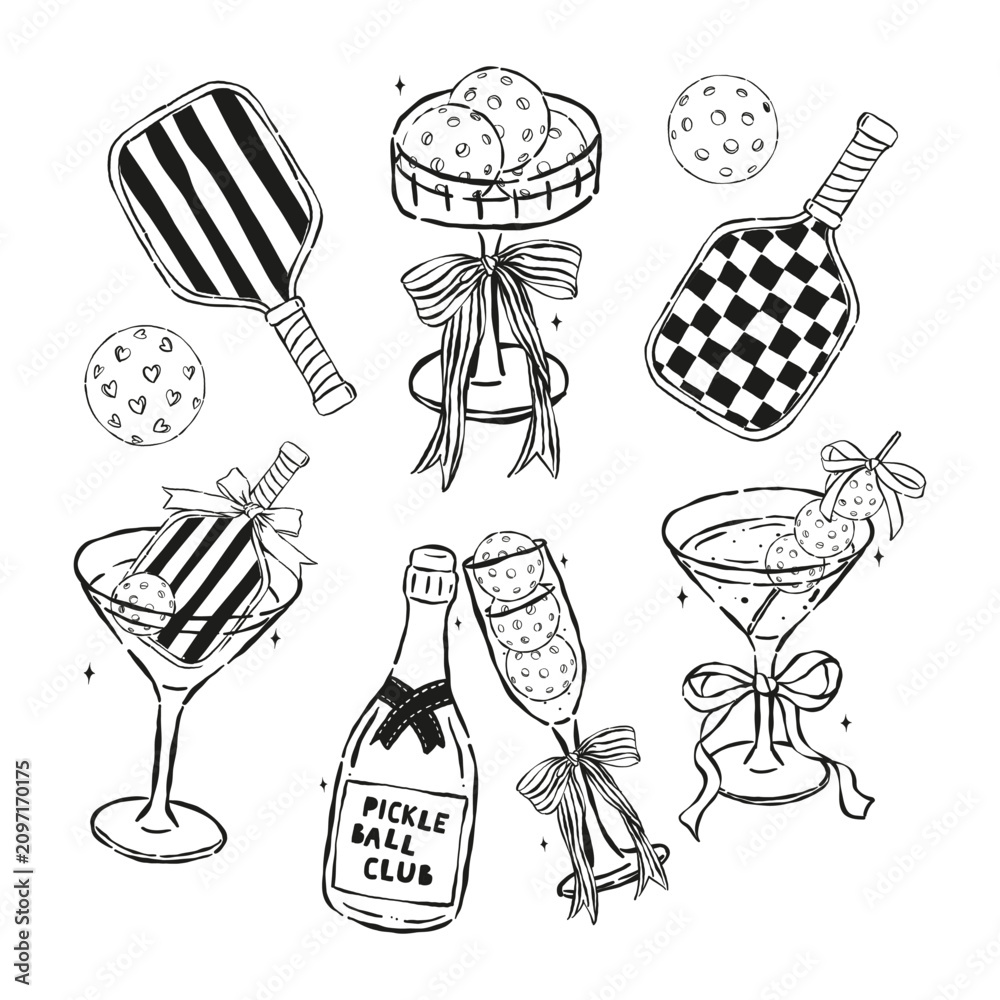 Fototapeta premium Outline Retro Girly Pickleball Drinks and paddle Hand Drawn Set,pickle ball line art elements collection
