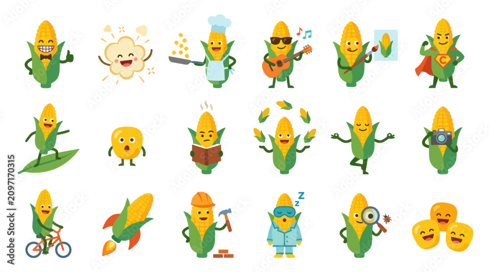 Obraz premium Healthy Food Agriculture: Cute Flat Cartoon Corn Characters Vector Set with Diverse Activities