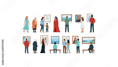 Fotografie Art gallery visitors museum exhibition people looking at paintings vector illust