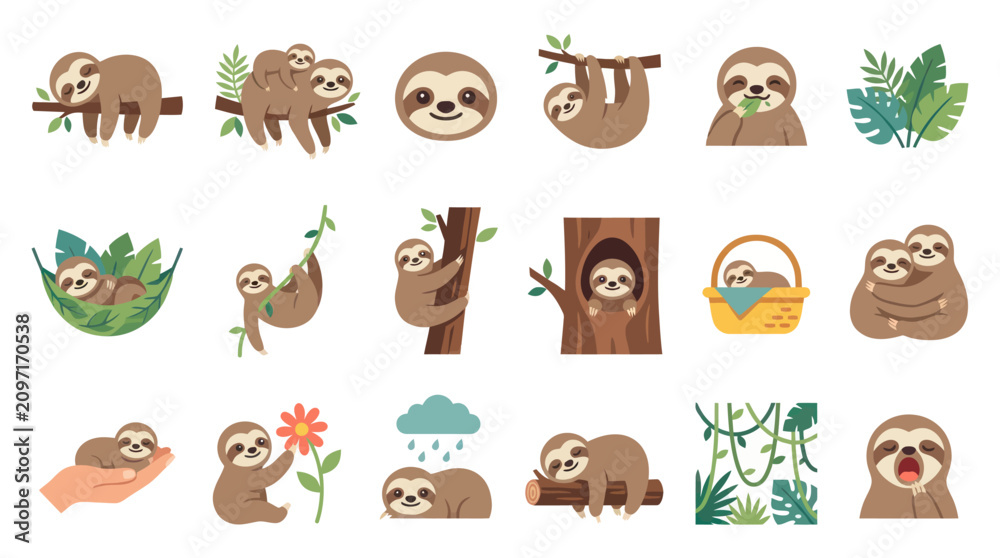 Fototapeta premium Cute Sloth Vector Illustrations, Cartoon Animal Art Set