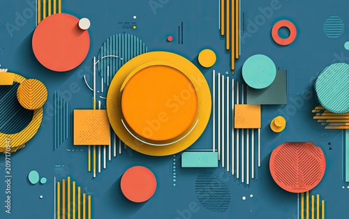 A vibrant abstract composition featuring geometric shapes and colorful elements on a blue background