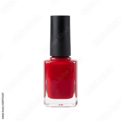 A single bottle of bright red nail polish with a black cap isolated on transparent background