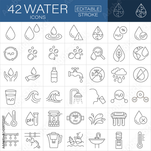 Set of 42 water line icons with editable stroke. Includes drops, ecology, plumbing, waves, H2O molecules, filters, and hydration symbols. Perfect for web and UI graphic design.