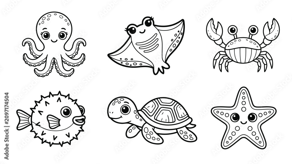 Fototapeta premium Cute cartoon sea animals coloring book line art vector set
