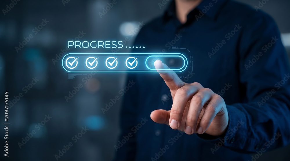 Obraz premium Business professional interacting with digital progress bar interface on holographic screen in modern office environment showing successful task completion and workflow management systems