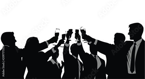 Business team silhouettes celebrate a corporate success by holding glasses for a celebratory toast.