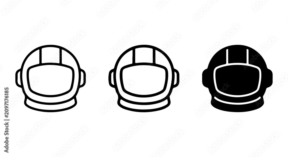 Fototapeta premium Astronaut Helmet Icons, Space Explorer Headgear Vector Set, Futuristic Cosmic Exploration Symbols