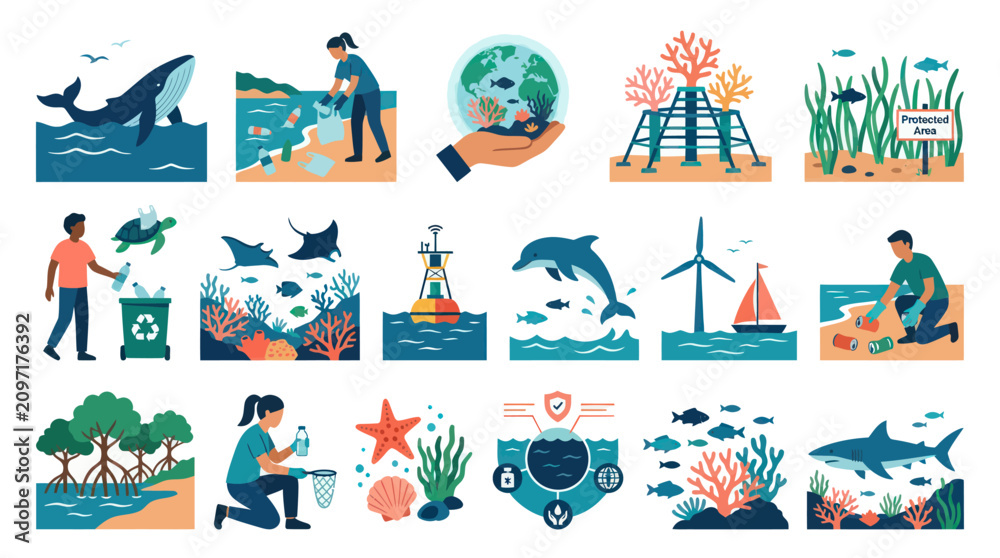 Fototapeta premium Flat Vector Icons of Marine Life and Ocean Conservation Actions