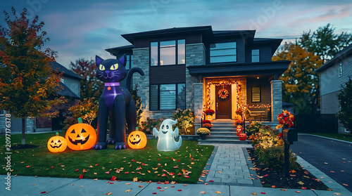 Modern house decorated for halloween with jack o lanterns and ghost decorations Halloween spooky seasonal design. Ai Generated