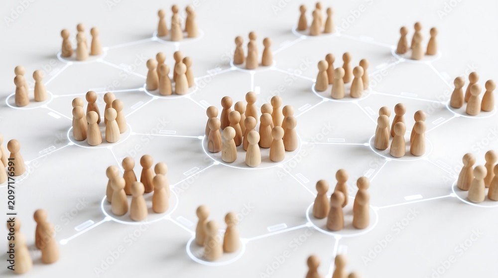 Naklejka premium Wooden figurine people linked in digital network structure on white surface representing social networking business connection and organizational team building