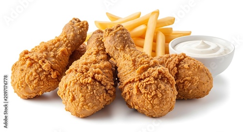 Crispy fried chicken drumsticks with french fries and dipping sauce on white background