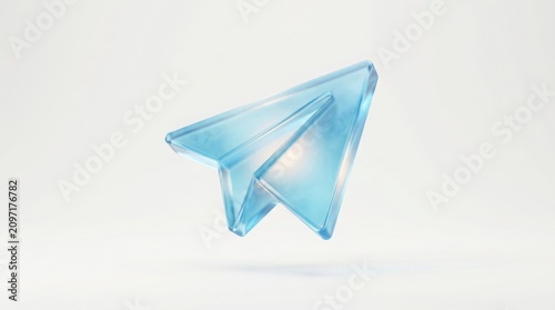 Transparent glass paper airplane floats in mid-air with soft lighting and isolated on a white background for digital communication.