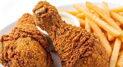 Crispy fried chicken drumsticks with herbs and spices on a plate with french fries