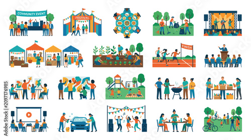 Flat Design Community Events, Social Gatherings, and Volunteering Activities Illustration Set